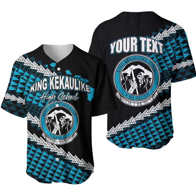 Custom baseball jersey, black/teal geometric print, crest, 'YOUR TEXT' on back