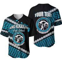 Custom baseball jersey, black/teal geometric print, crest, 'YOUR TEXT' on back