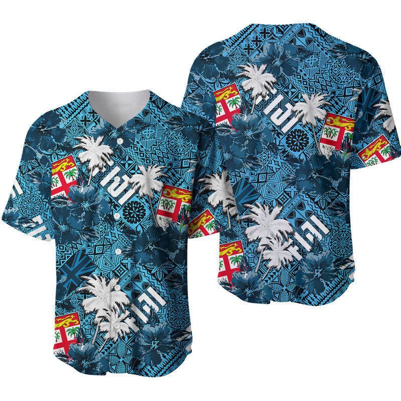 Blue baseball jersey with tropical hibiscus, palm trees and island flag patches; V-neck collar