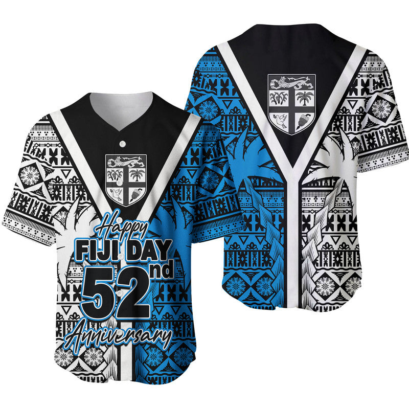 Fiji Day 52nd anniversary baseball jersey, black/white with blue patterned front and V-neck