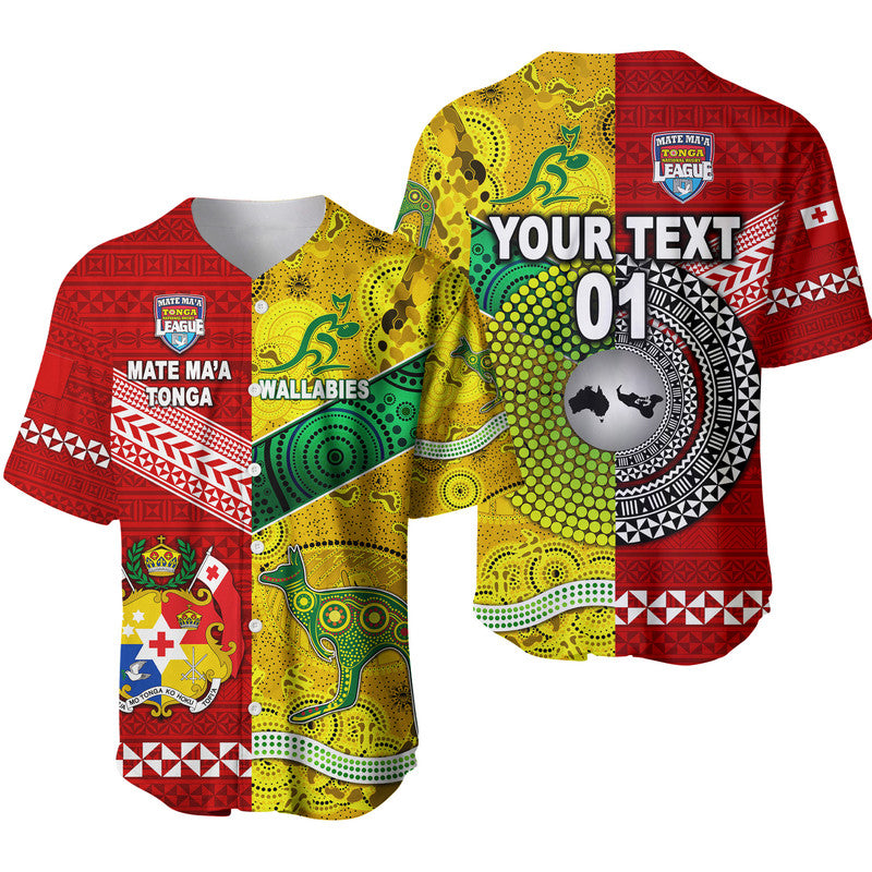 Rugby baseball jersey with red yellow green tribal patterns and custom text on front