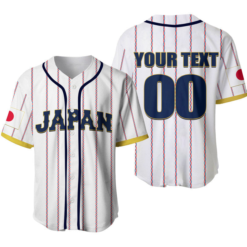 White baseball jersey with red-and-blue vertical stripes, custom name and number design