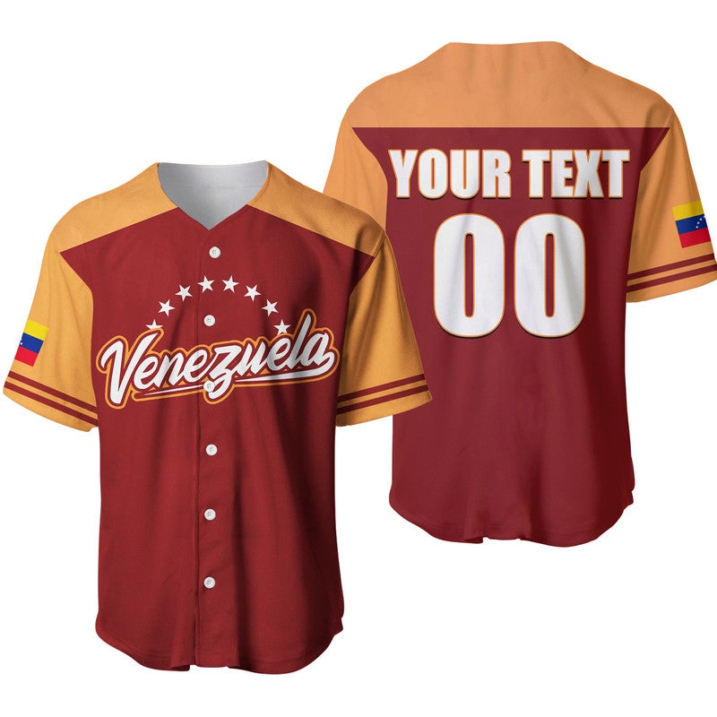 Maroon baseball jersey with gold-trim sleeves, button front, Venezuela logo and stars