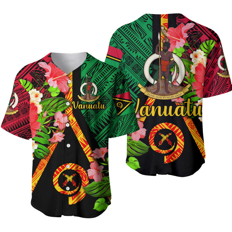 Black baseball jersey with Vanuatu flag, floral prints, and Vanuatu text on front and back