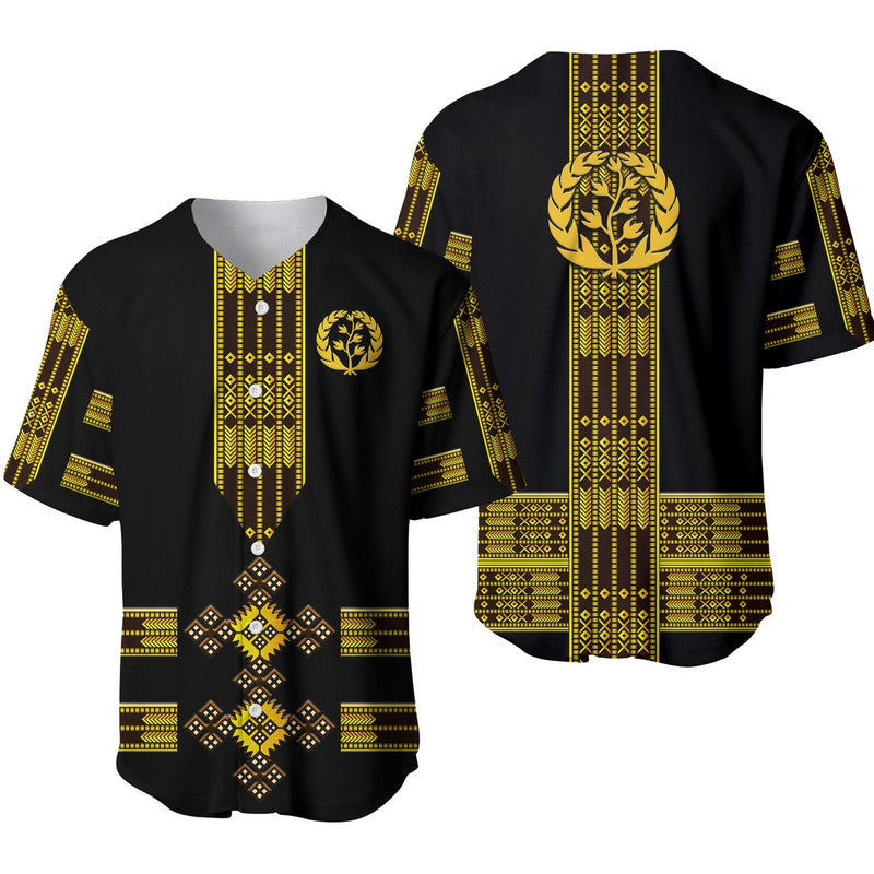 Black baseball jersey with gold Ethiopian-style V-neck trim, emblem and geometric panels