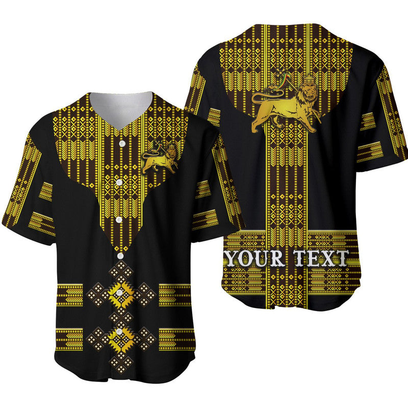 Black baseball jersey with gold patterns, Lion of Judah graphic, button front
