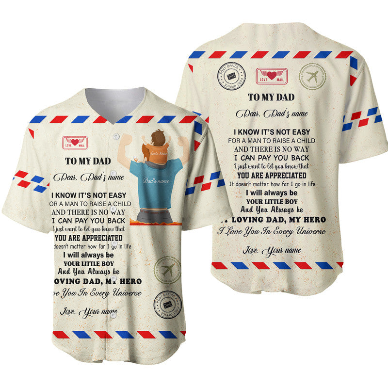 Beige baseball jersey: 'To My Dad' and custom name text, front/back views