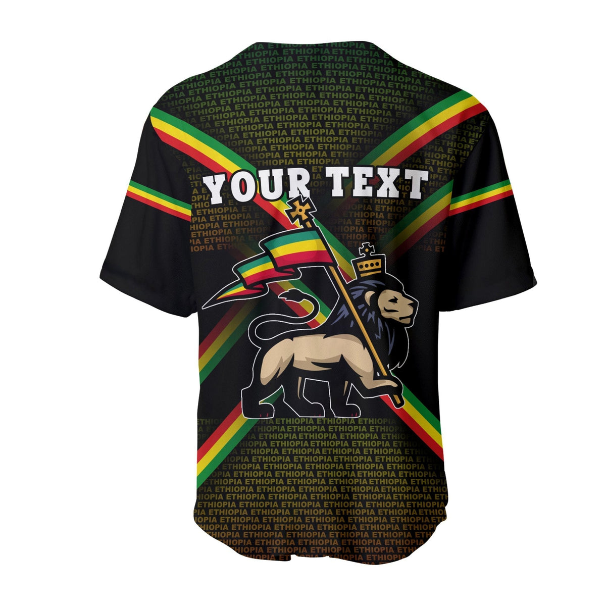 Black baseball jersey with rainbow stripes, bold 'YOUR TEXT' and lion mascot front