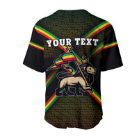 Black baseball jersey with rainbow stripes, bold 'YOUR TEXT' and lion mascot front