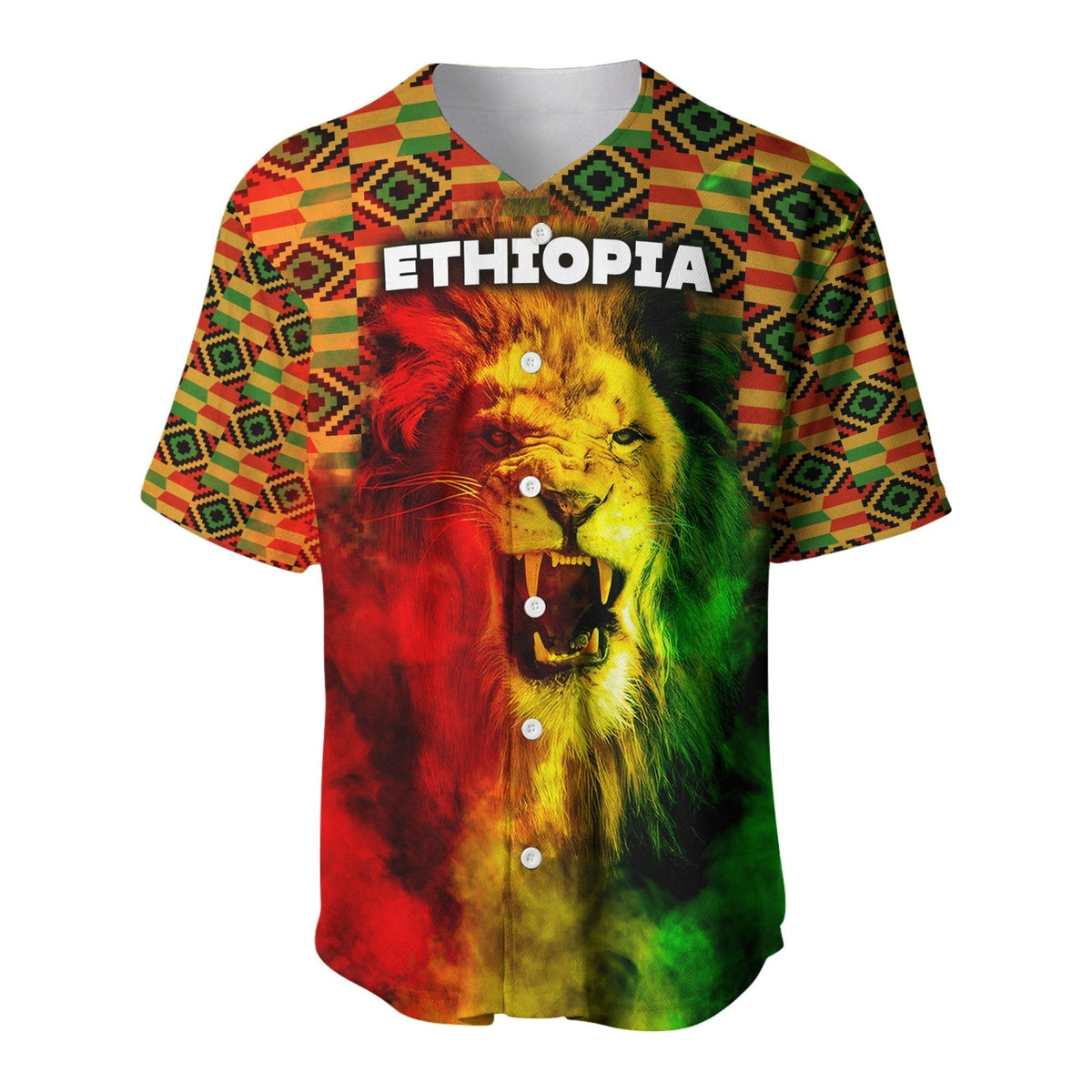 Baseball jersey front: Ethiopia lion artwork and 'ETHIOPIA' on button placket, multicolor