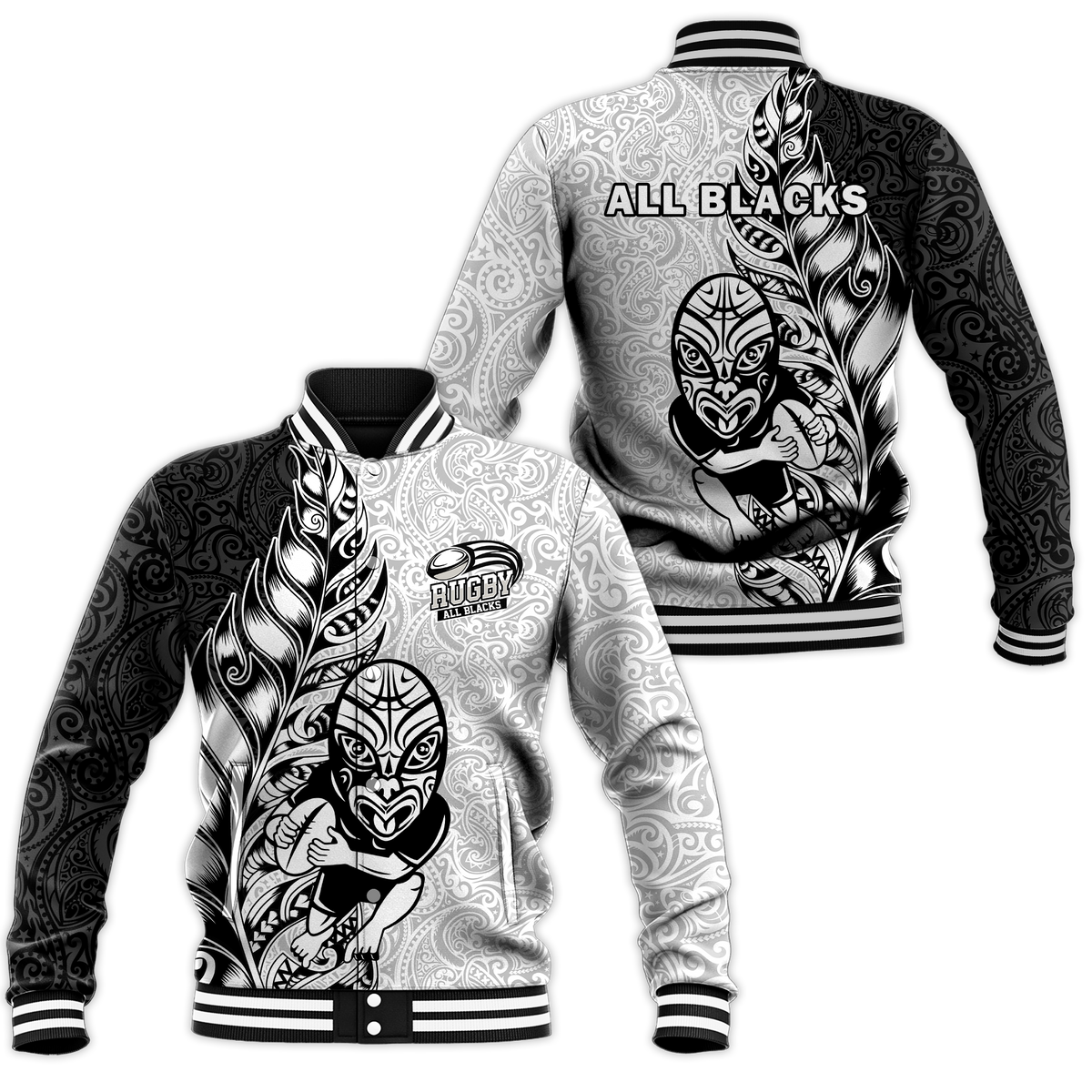 White and black All Blacks Maori graphic baseball jacket, long sleeves, snap front.