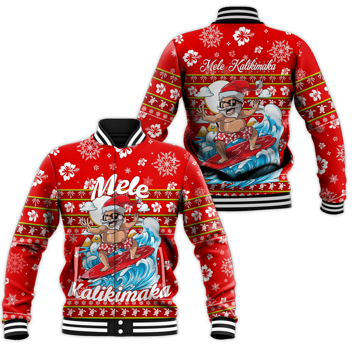 Red baseball jacket with surfing Santa Mele Kalikimaka graphic, striped cuffs