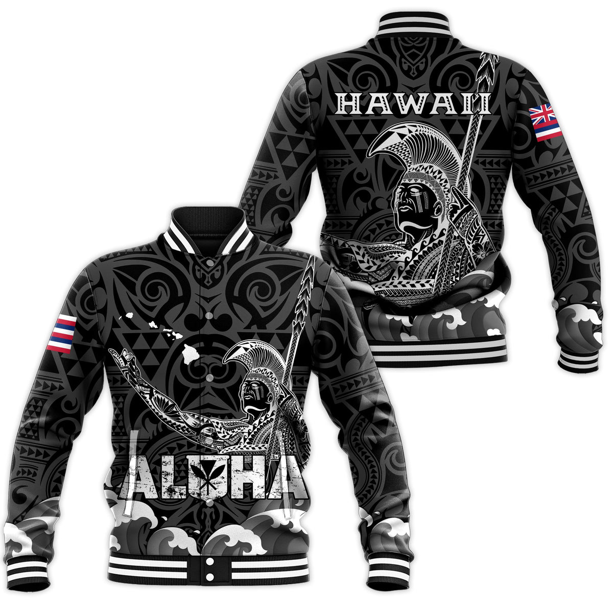 Black unisex baseball jacket with bold white graphic of Hawaiian king and tribal patterns