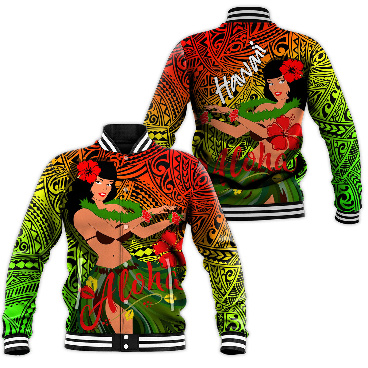 Colorful reggae-style hula girl baseball jacket, patterned sleeves, ribbed collar and cuffs
