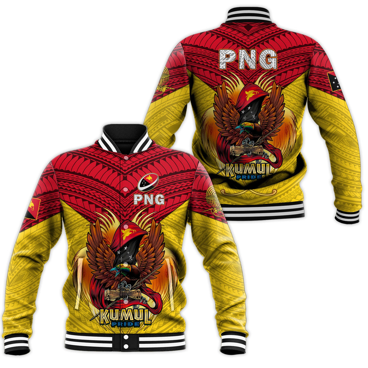 Unisex baseball jacket in yellow and red with Kumul eagle graphic and PNG logo, ribbed collar