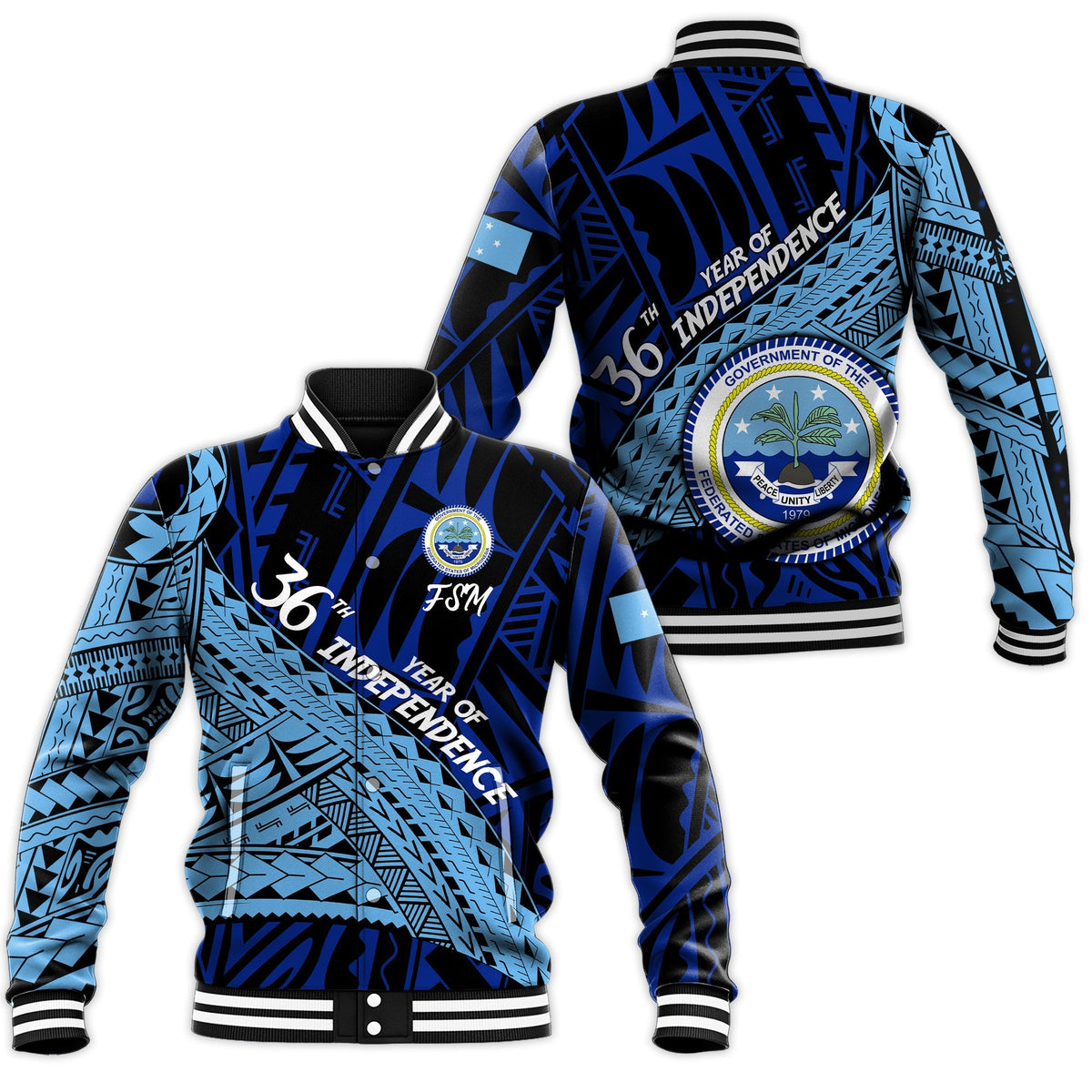 Blue unisex baseball jacket with 36th Independence graphic, ribbed collar and striped cuffs