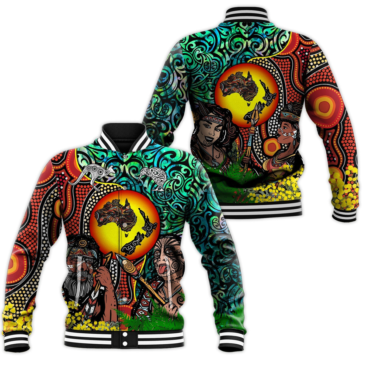 Multicolor unisex baseball jacket with kangaroo and Aboriginal-style patterns, Maori face artwork