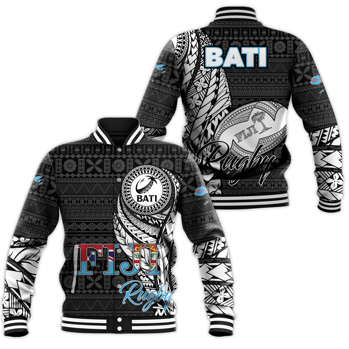 Black baseball jacket with Bati tapa pattern, ribbed collar and cuffs