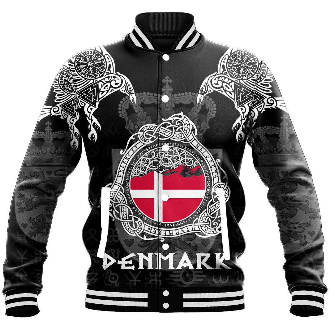 Black baseball jacket with striped ribbed collar, button front, Denmark cross graphic