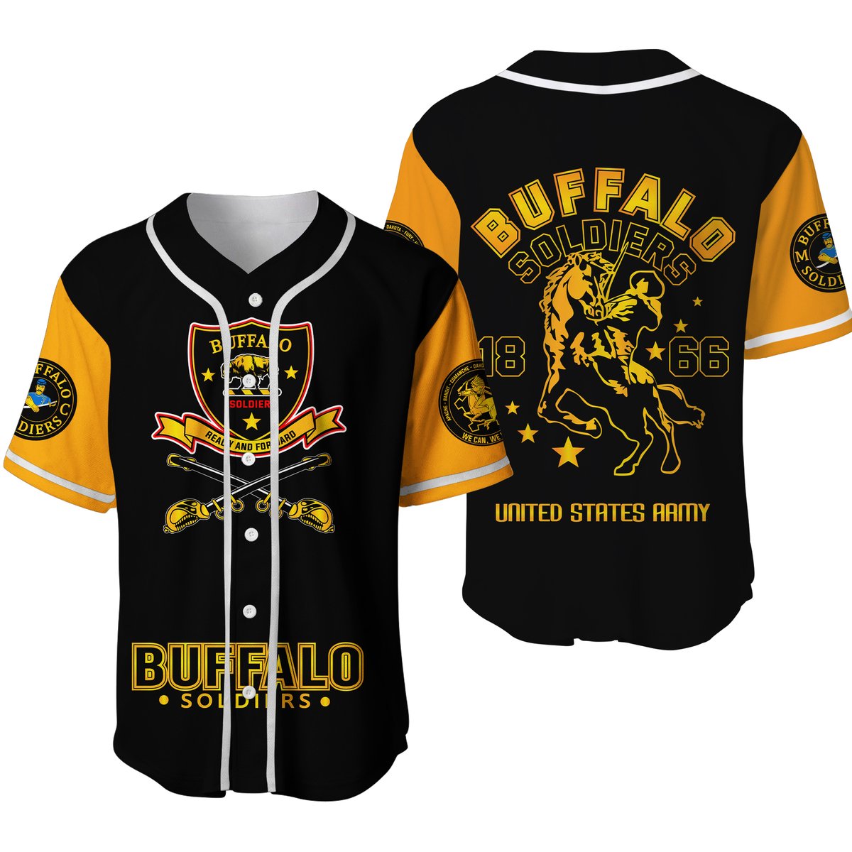 Black and gold baseball jersey with button front, striped collar, and Buffalo Soldiers graphic.