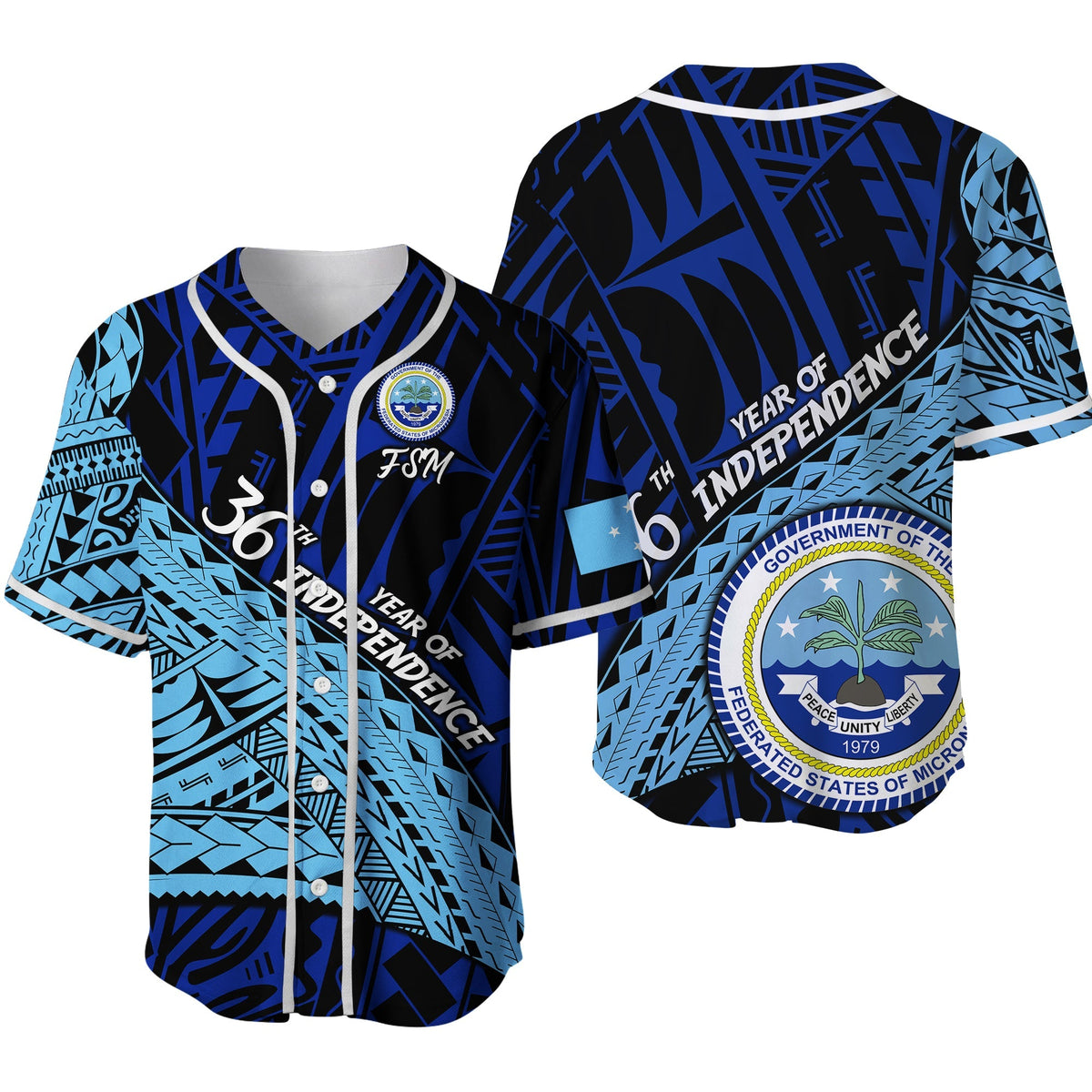 Blue baseball jersey, button front, striped collar, FSM Year of Independence graphics