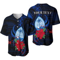 Blue baseball jersey with Guam graphic, red flowers, black/blue tribal pattern