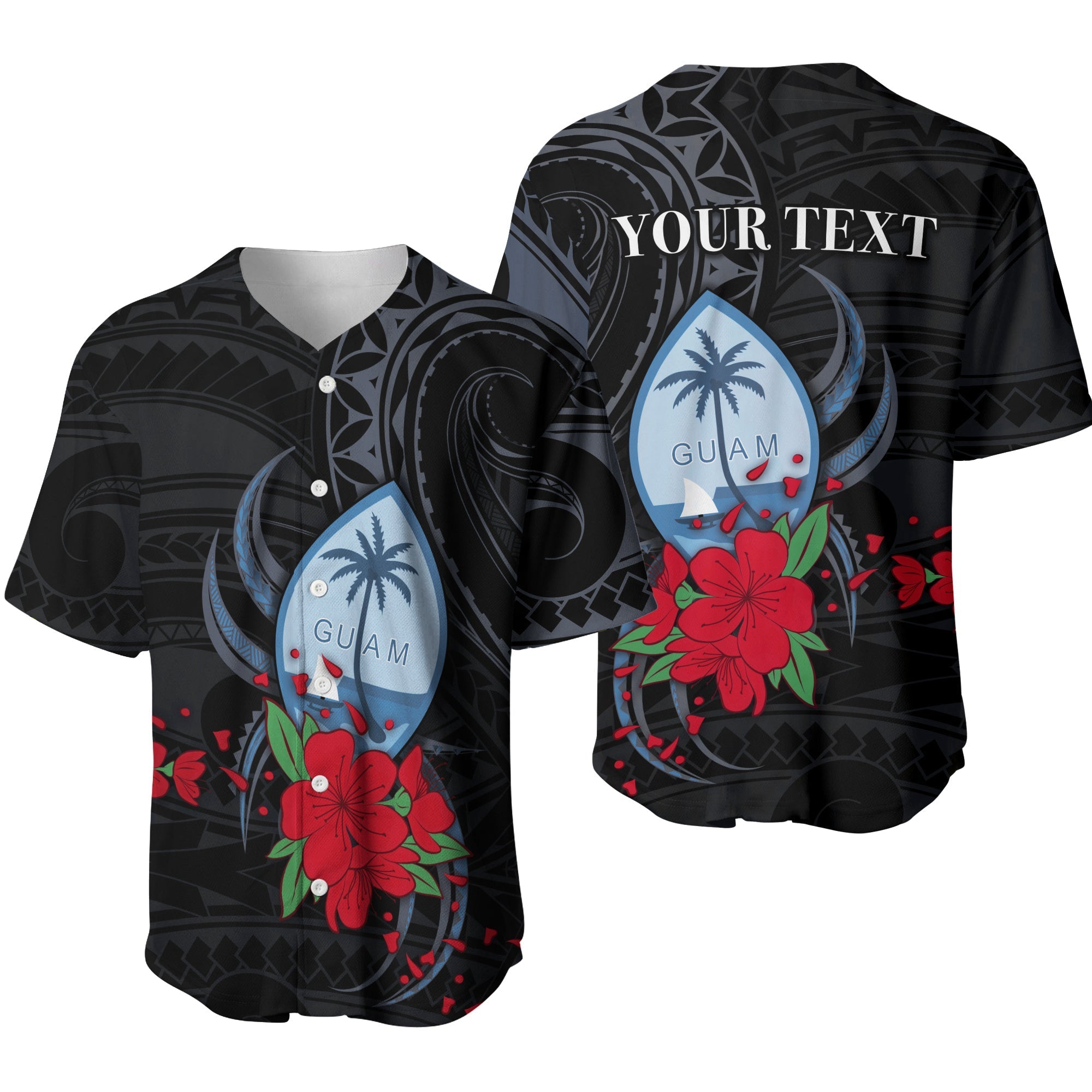 (Custom Personalised) Guam Baseball Jersey Polynesian Flowers Version Black LT13 - Wonder Print Shop