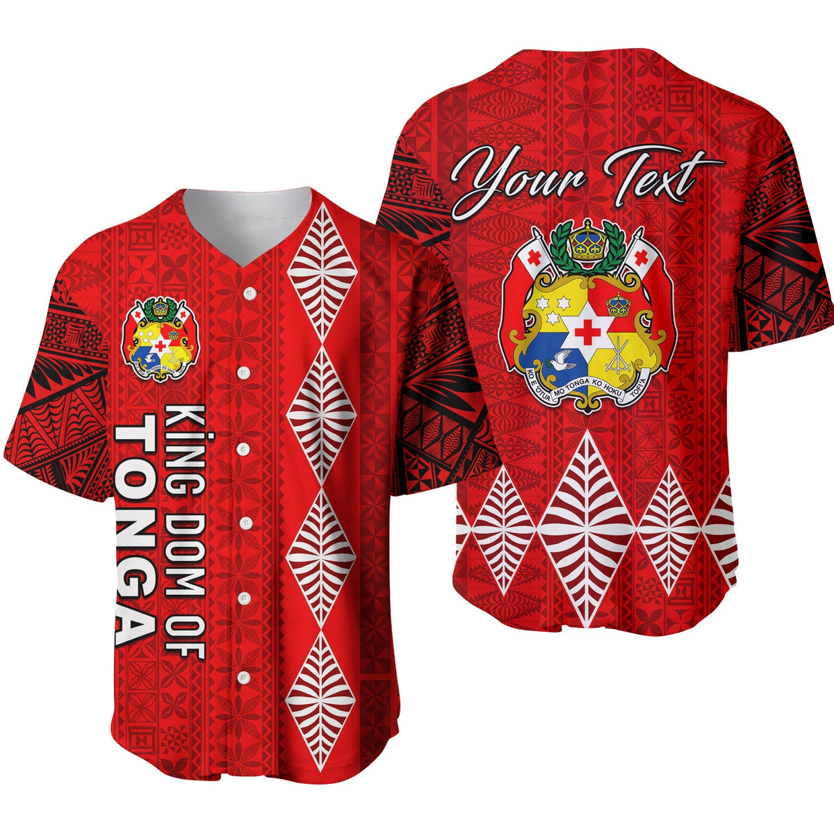 Red Tonga baseball jersey with crest, white sleeve pattern, and vertical text