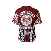 Maroon baseball jersey back: Farrington crest and YourText across shoulders