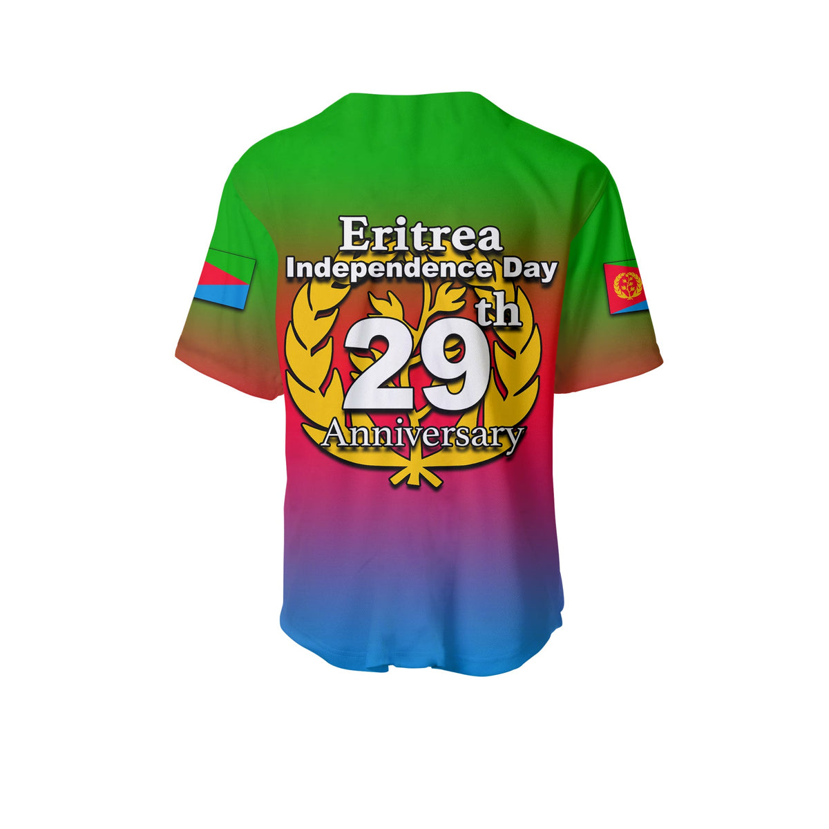 Green V-neck baseball jersey back print: 'Eritrea Independence Day 29th Anniversary'