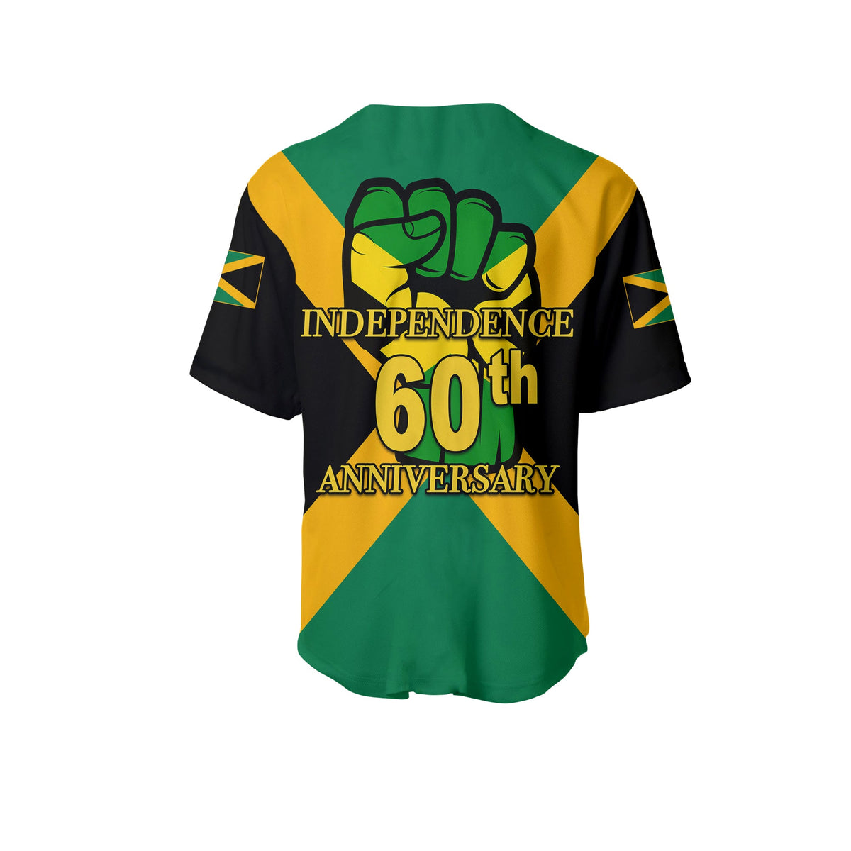 Back view baseball shirt with Independence 60th Anniversary print, green/yellow/black