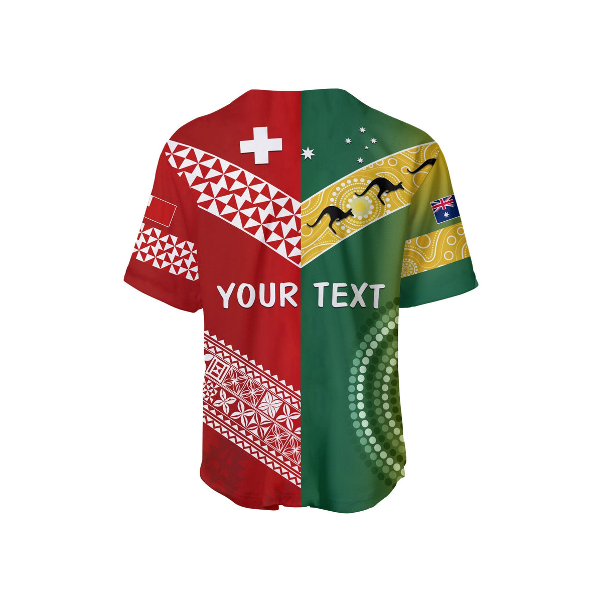 Baseball-Jersey Rückenansicht rot-grün mit YOUR TEXT und Flaggen-Elementen
