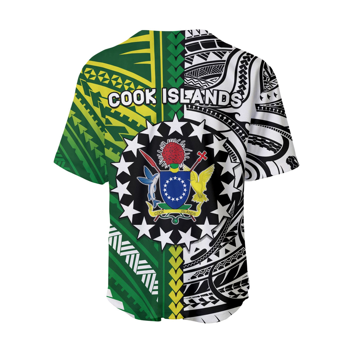 Baseball jersey back, large circular star emblem with tropical figures