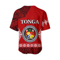 Red baseball jersey back with large TONGA text and crest, tribal-pattern stripes