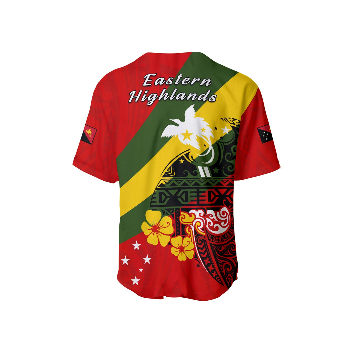 Back view red baseball jersey with 'Eastern Highlands' text and crest; green/yellow/white artwork