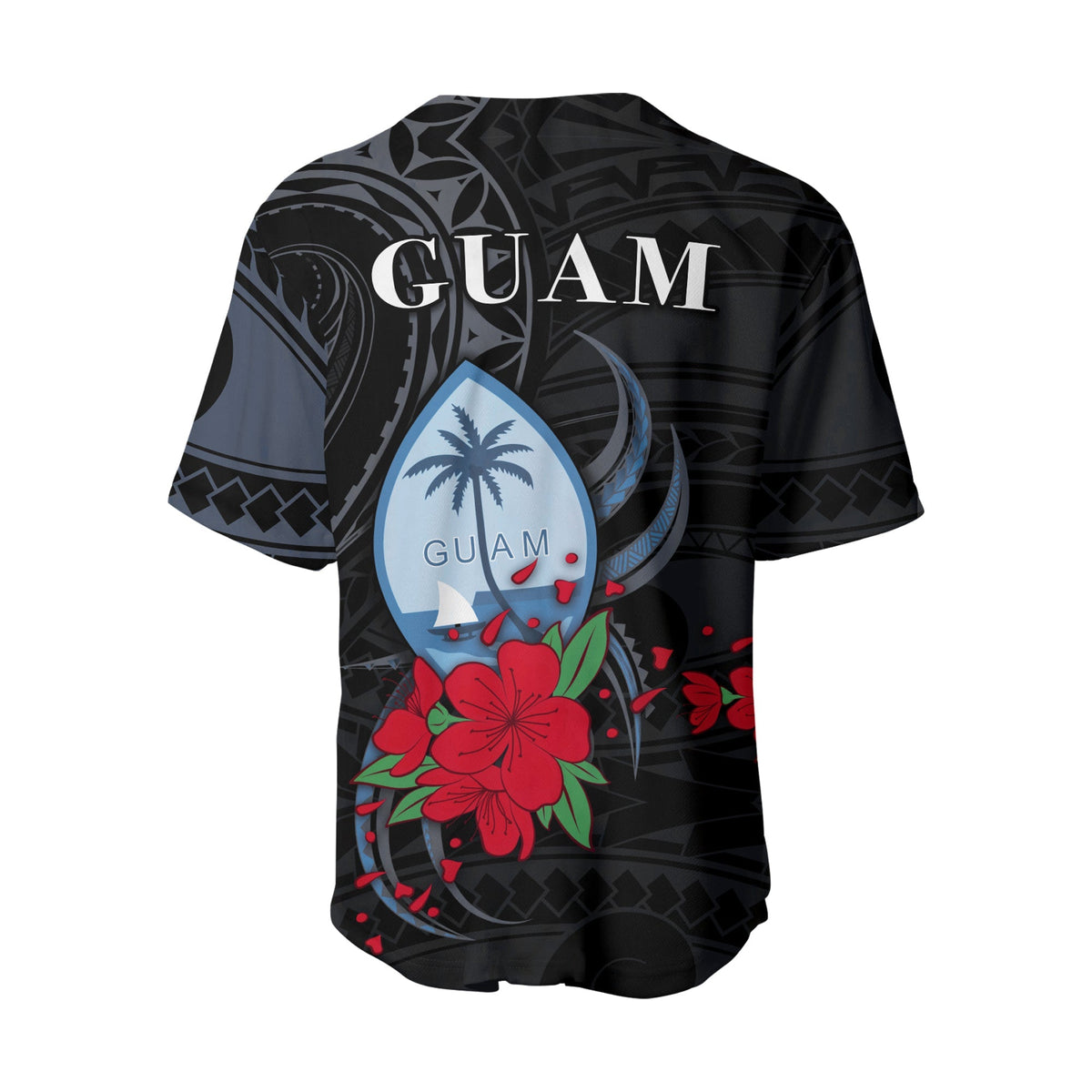 Black jersey back with large GUAM text and blue surfboard with red flowers