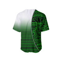 Green baseball jersey back with large tribal pattern and curved hem