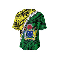 Green baseball jersey back with Polynesian patterns and shield graphic