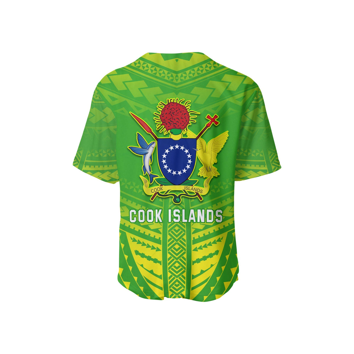 Green Cook Islands baseball jersey, back view with large crest and 'COOK ISLANDS' text