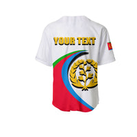 Back view: white baseball jersey with 'YOUR TEXT' and tree emblem, flag patch sleeve