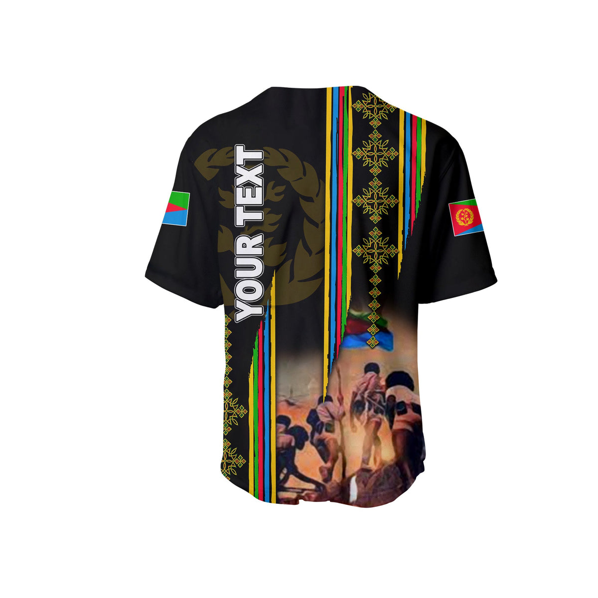 Black baseball jersey back with vertical stripes and crowd artwork, short sleeves