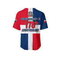 Unisex baseball shirt back: Independence 178th Anniversary text over red, white, and blue stripes