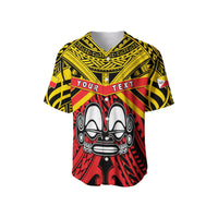 Baseball jersey in red and black with tribal pattern, V-neck and front text panel