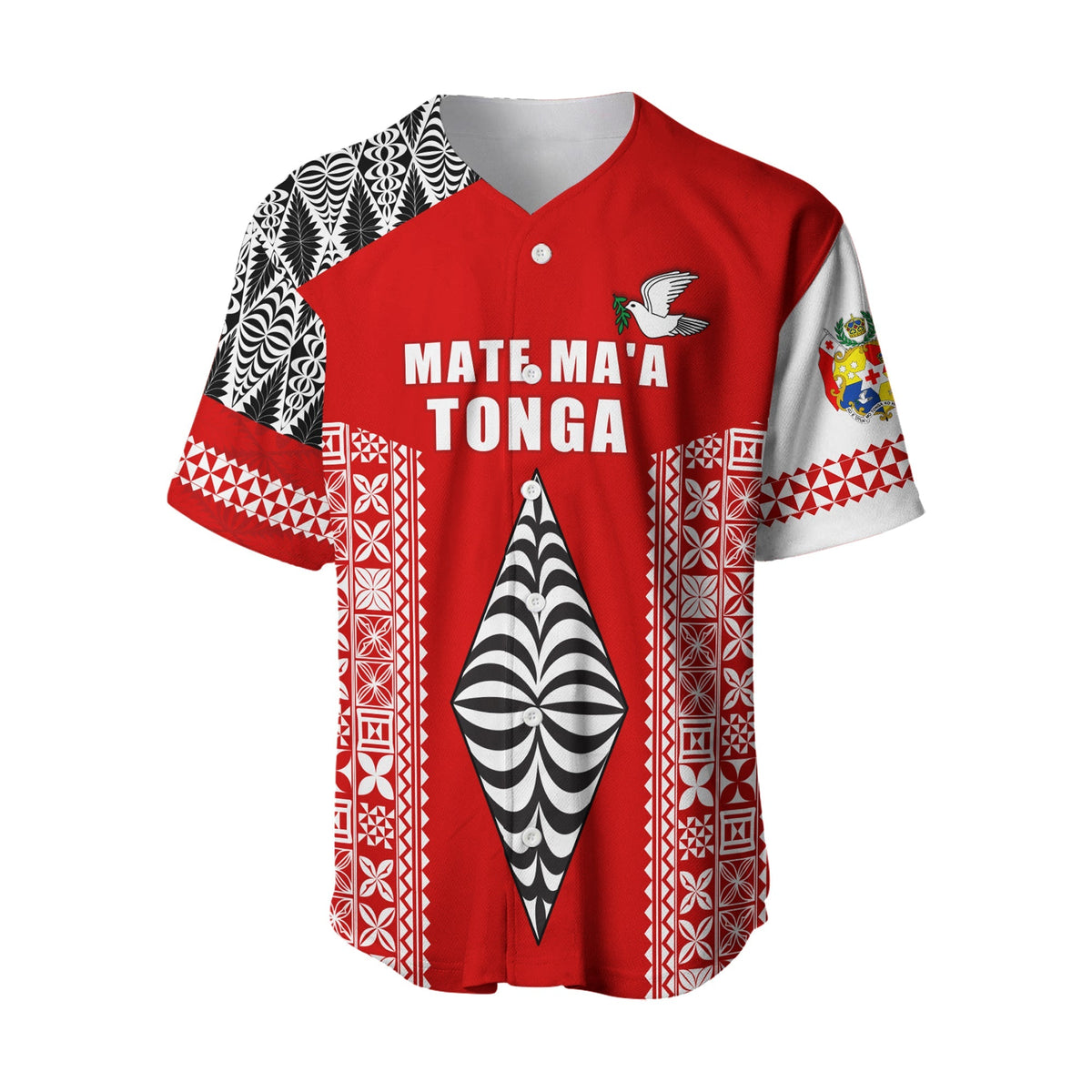Red Tonga jersey front with 'MATE MA'A TONGA' text, dove crest and graphic emblem