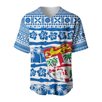Blue Fiji baseball jersey front view, button-up with striped tapa and floral print