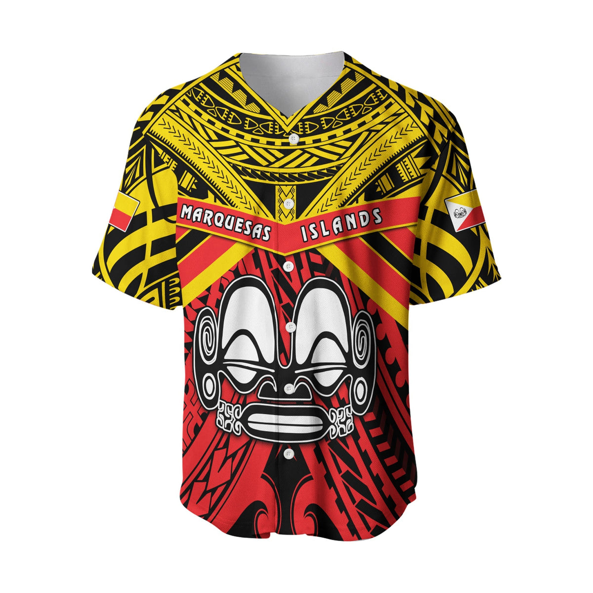 Red, black and yellow Marquesas Islands baseball jersey with buttoned V-neck collar