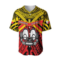 Red, black and yellow Marquesas Islands baseball jersey with buttoned V-neck collar