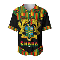 Black baseball jersey front with kente collar stripes, gold eagle crest, 'GHANA' text