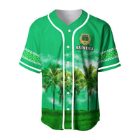 Green baseball jersey with white V-neck, button placket, palm tree print and Saineha logo