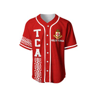 Red baseball jersey with white V-neck trim, large 'T' 'C' 'A' lettering and crest